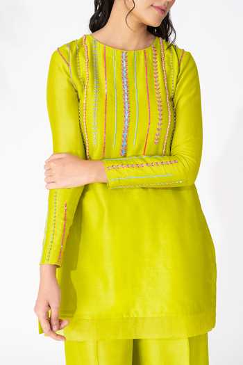 Shop_The Aarya_Yellow Handloom Cotton, Viscose, Organza Ruffles, Chanderi Lace Kurta Set _Online_at_Aza_Fashions