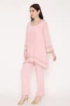 Bha sha_Pink Tunic Crepe Embroidery Cut Bead U Neck Aastha Placement And Pant Set _Online_at_Aza_Fashions