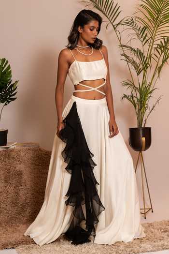 Vanshika Agarwal Label_Ivory Organza, Bamboo Pearls, Beads And Black Embroidered Blouse Lehenga Set _Online_at_Aza_Fashions