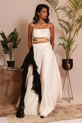 Buy_Vanshika Agarwal Label_Ivory Organza, Bamboo Pearls, Beads And Black Embroidered Blouse Lehenga Set _Online_at_Aza_Fashions