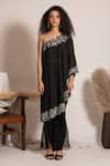 Vanshika Agarwal Label_Black Lining Taffeta Hand Embroidery Pearl Asymmetric Neck Tunic And Pant Set _Online_at_Aza_Fashions