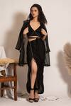 Vanshika Agarwal Label_Black Satin, Crepe, Organza Rhinestones Tie-up Bralette And Ruched Skirt Set _Online_at_Aza_Fashions