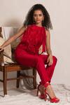 Vanshika Agarwal Label_Red Organza, Taffeta, Brocade Ruffles High Neck Top And Pant Set _at_Aza_Fashions