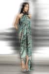 Abhishek Sharma_Green Polyester, Georgette Lace Halter Neck Reef Print Draped Dress _Online_at_Aza_Fashions