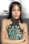 Shop_Abhishek Sharma_Green Polyester, Georgette Lace Halter Neck Reef Print Draped Dress _Online_at_Aza_Fashions