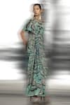 Abhishek Sharma_Green Poly Georgette Printed Reef Patterns Drop Shoulder Draped Gown  _Online_at_Aza_Fashions