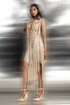 Buy_Abhishek Sharma_Pink Net, Crepe Beads, Fringe High Neck Yarn Draped Dress _Online_at_Aza_Fashions