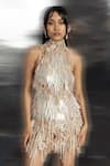 Buy_Abhishek Sharma_Ivory Power Net Embellished Beads Coral Reef Theme Holographic Dress _Online_at_Aza_Fashions