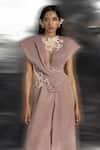 Abhishek Sharma_Pink Net, Crepe, Organza Embroidery Plunge Neck Draped Top And Flared Pant Set _Online_at_Aza_Fashions