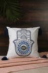 Amoliconcepts_White Cotton Embroidery Hamsa Cushion Cover_Online_at_Aza_Fashions