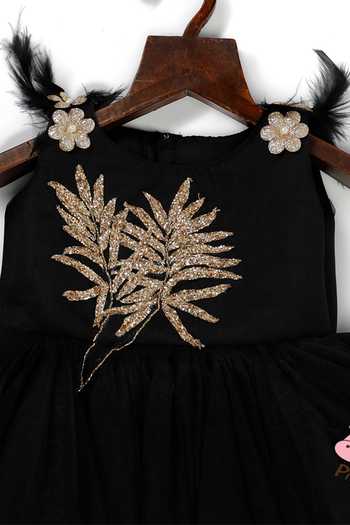 Pinkcow designs pvt ltd_Black Tulle Feathers, Embroidery Detailing Dress _Online_at_Aza_Fashions