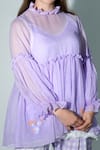 Jyoti Bansal_Purple Kota Embroidery Floral Ruffled Neck Trim Short Kurta _Online_at_Aza_Fashions