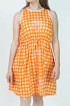 Jyoti Bansal_Orange Cotton Embroidery Round Neck Voyger Chequered Pattern Dress _Online_at_Aza_Fashions