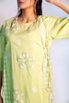 Jyoti Bansal_Green Cambric Cotton Chequered Floral Round Neck English Ivy Applique Tunic _Online_at_Aza_Fashions