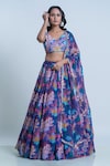 Nautanky_Blue Blouse- Viscose Silk Printed Coral V Neck Lehenga Set _Online_at_Aza_Fashions