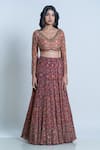 Nautanky_Brown Blouse- Viscose Silk Printed Vintage Carpet V Bridal Lehenga Set _Online_at_Aza_Fashions