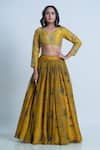 Nautanky_Yellow Blouse- Viscose Silk Printed Floral V Neck Lehenga Set _Online_at_Aza_Fashions