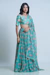 Buy_Nautanky_Green Blouse- Viscose Silk Printed Floral Round Neck Lehenga Set _Online_at_Aza_Fashions