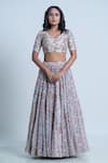 Nautanky_Ivory Blouse- Viscose Silk Printed Floral V Neck Pleated Lehenga Set _Online_at_Aza_Fashions