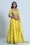 Nautanky_Yellow Blouse And Lehenga Raw Silk Dupatta Organza Embroidery Floral Wide V Set _at_Aza_Fashions