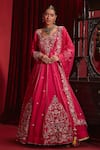 Ajiesh Oberoi_Pink Dupion Silk Embroidered Floral Patterns V Neck Naira Long Anarkali Set _Online_at_Aza_Fashions