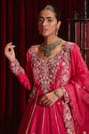 Shop_Ajiesh Oberoi_Pink Dupion Silk Embroidered Floral Patterns V Neck Naira Long Anarkali Set _Online_at_Aza_Fashions