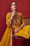 Ajiesh Oberoi_Yellow Dupion Silk Embroidered Floral Patterns Round Preeti Long Kurta Set _Online_at_Aza_Fashions