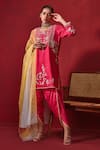 Ajiesh Oberoi_Pink Dupion Silk And Organza Embroidered Floral Preet Kurta Dhoti Pant Set _Online_at_Aza_Fashions