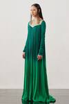 Akhl_Green Satin (66% Viscose 34% Modal)+ Silk-raffia Mesh (30% Pleated Flared Gown _Online_at_Aza_Fashions