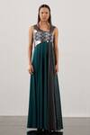 Buy_Akhl_Green Silk Satin (100% Polyester) + Lurex-tulle (57% Gathered Strap Gown _at_Aza_Fashions