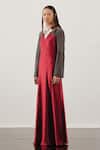 AKHL_Red Textured Satin (90% Polyester 10% Elastane)+ Triangular Yoke Gown _Online_at_Aza_Fashions