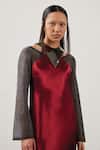Buy_AKHL_Red Textured Satin (90% Polyester 10% Elastane)+ Triangular Yoke Gown _Online_at_Aza_Fashions