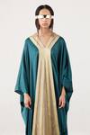 Akhl_Gold Silk Satin (100% Polyester) + Lurex Tulle (57% Metallic Yarn Draped Kaftan _Online_at_Aza_Fashions
