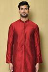 Buy_Aryavir Malhotra_Red Cotton Silk Band Collar Solid Kurta _Online_at_Aza_Fashions