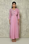 Nazaakat by Samara Singh_Pink Organza Embroidered Thread V Neck Hand Saree Gown_Online_at_Aza_Fashions