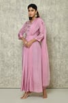Nazaakat by Samara Singh_Pink Organza Embroidered Thread V Neck Hand Saree Gown_at_Aza_Fashions