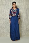 Nazaakat by Samara Singh_Blue Habutai And Bamber Silk Embroidery Flower Blouse With Draped Lehenga Saree_Online_at_Aza_Fashions
