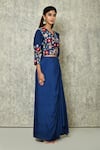Nazaakat by Samara Singh_Blue Habutai And Bamber Silk Embroidery Flower Blouse With Draped Lehenga Saree_at_Aza_Fashions