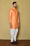 Shop_Arihant Rai Sinha_Orange Fancy Jaquard Woven Floral Side Overlap Panel Sherwani And Patiala  