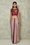 Buy_Adara Khan_Maroon Crop Top Bamber Silk Embroidery Ombre Effect Flower Jacket Skirt Set_Online_at_Aza_Fashions