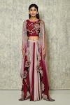 Shop_Adara Khan_Maroon Crop Top Bamber Silk Embroidery Ombre Effect Flower Jacket Skirt Set_Online_at_Aza_Fashions