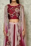 Adara Khan_Maroon Crop Top Bamber Silk Embroidery Ombre Effect Flower Jacket Skirt Set_at_Aza_Fashions