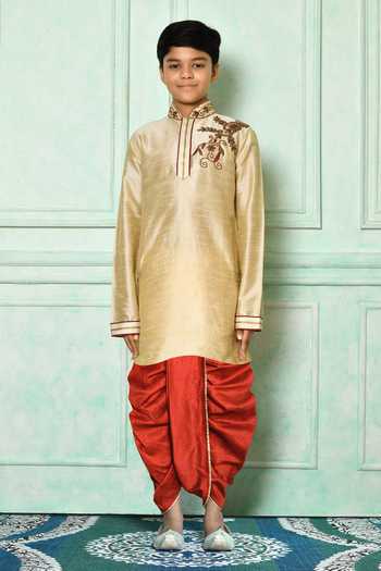 Shop_Petite Pomme_Green Silk Embroidery Kurta And Red Dhoti Pant Set _Online_at_Aza_Fashions