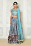 Buy_Samyukta Singhania_Blue Blouse Banglori Silk Print Floral Square Neck Pleated Lehenga Set _Online_at_Aza_Fashions