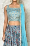 Shop_Samyukta Singhania_Blue Blouse Banglori Silk Print Floral Square Neck Pleated Lehenga Set _Online_at_Aza_Fashions