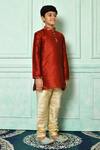 Petite Pomme_Red Silk Embroidery Plain Mandarin Collar Kurta  _at_Aza_Fashions