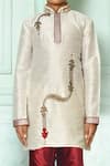 Petite Pomme_Off White Silk, Denim Embroidery Hand Kurta And Churidar Set _at_Aza_Fashions