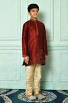 Petite Pomme_Maroon Silk Embroidery Placed Patterned Kurta _at_Aza_Fashions