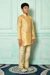 Petite Pomme_Yellow Silk, Polyester, Denim Embroidery Scatter Paisley Kurta Set _at_Aza_Fashions