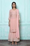 Khwaab by Sanjana Lakhani_Peach Kurta Georgette Lucknowi Embroidered Floral Notched Set _at_Aza_Fashions